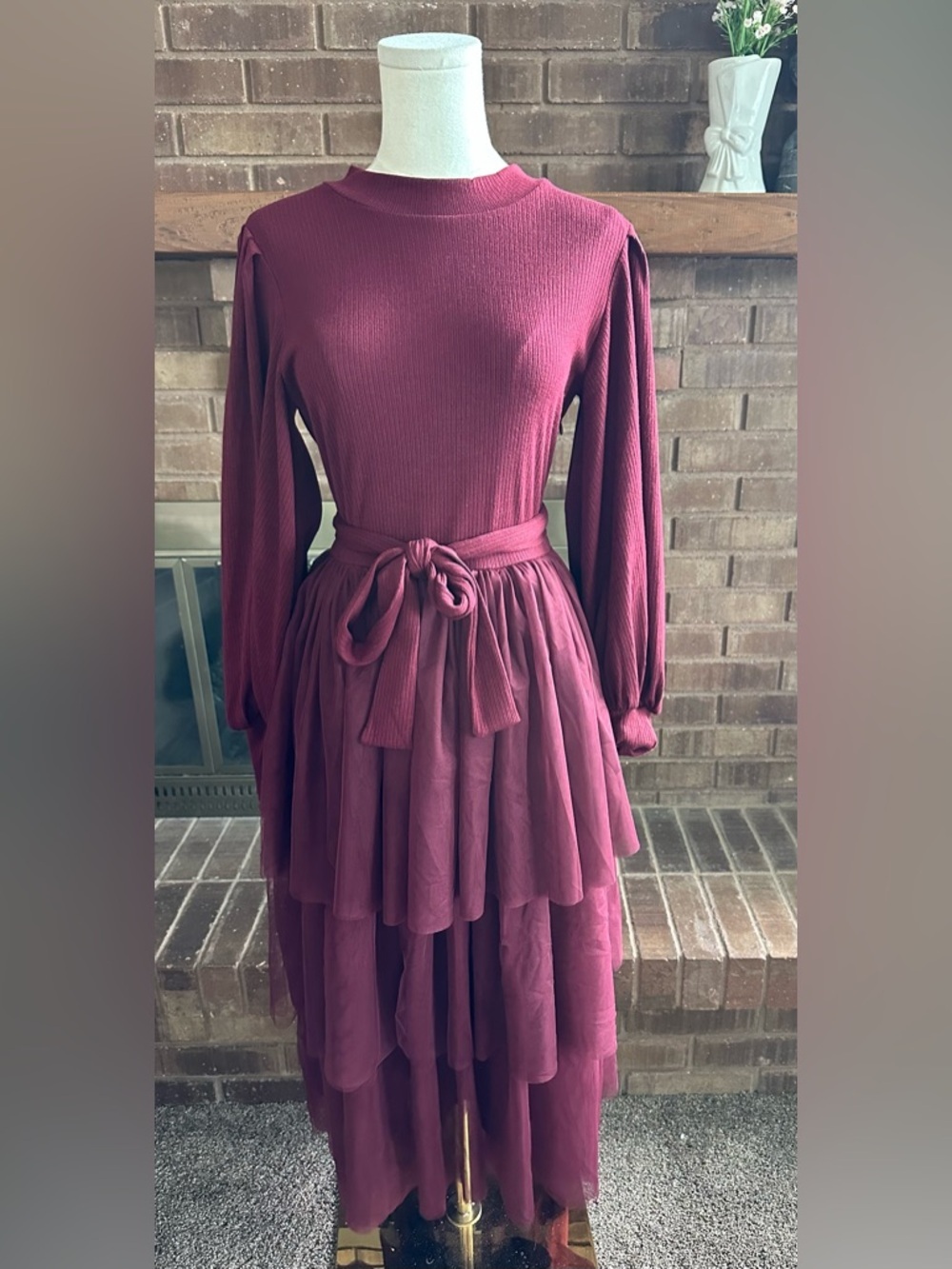 Ivy City Co Cosette Midi Dress Wine Red Ribbed Knit Tulle Ruffles Romantic Small - Picture 4 of 4